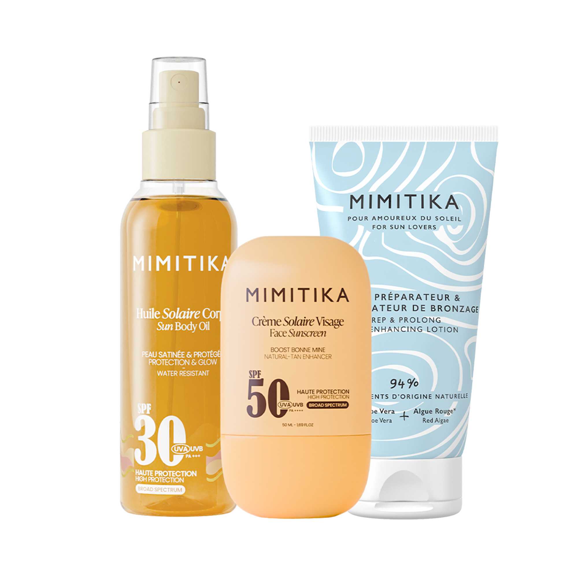 mimitika-trio-cr-me-visage-spf50-huile-solaire-spf30-lait-prolongateur-de-bronza image 1