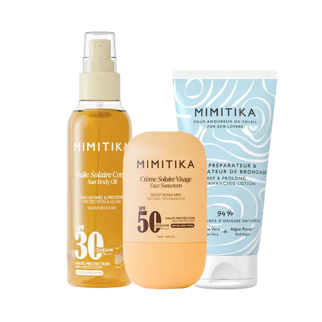 mimitika-trio-cr-me-visage-spf50-huile-solaire-spf30-lait-prolongateur-de-bronza image 1