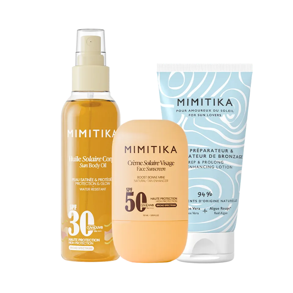 mimitika-trio-cr-me-visage-spf50-huile-solaire-spf30-lait-prolongateur-de-bronza image 1