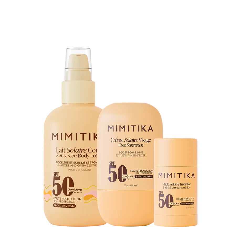 mimitika-trio-solaire-spf50-cr-me-visage-lait-corps-stick-zones-sensibles image 1