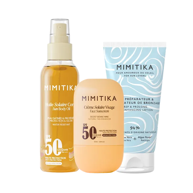 mimitika-trio-cr-me-visage-spf50-huile-solaire-spf50-lait-prolongateur-de-bronza image 1