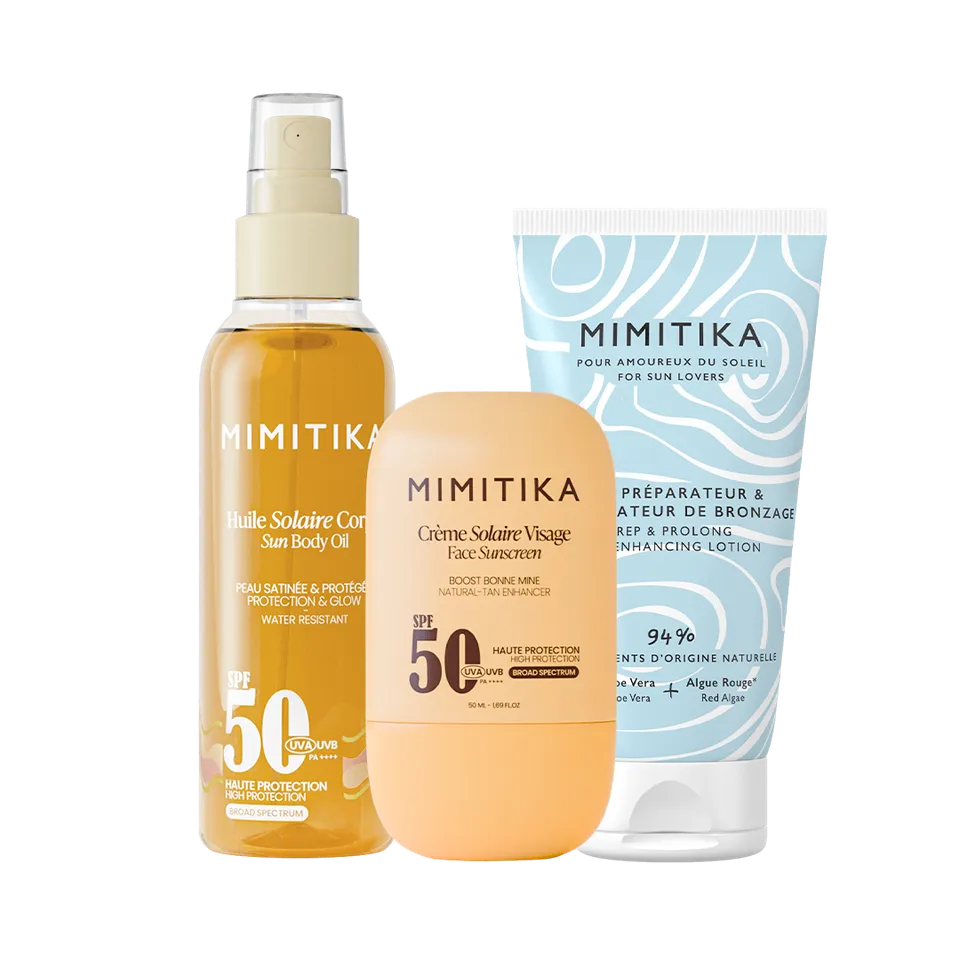 mimitika-trio-cr-me-visage-spf50-huile-solaire-spf50-lait-prolongateur-de-bronza image 1