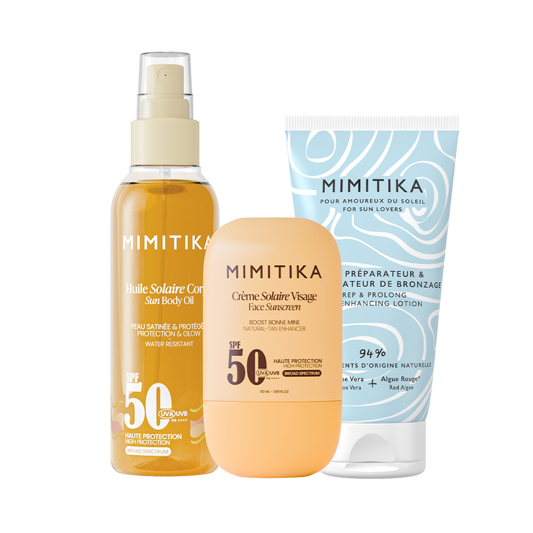 mimitika-trio-cr-me-visage-spf50-huile-solaire-spf50-lait-prolongateur-de-bronza image 1
